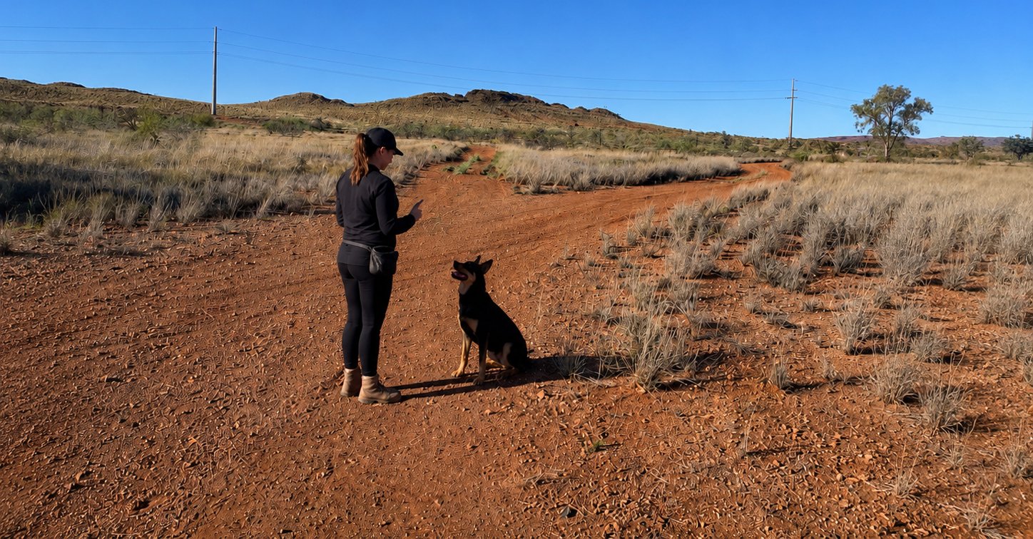 Dog trainer Daria Puchalska training a dog in the Australian outback